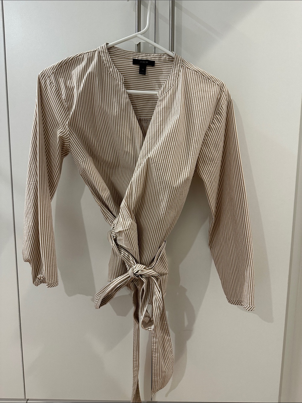 J Crew Striped Wrap Tie-Front Blouse in Beige and White